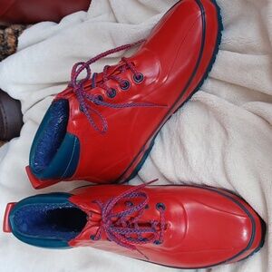 Eddie Bauer Rain Boots Women's 7M Red Rubber Insulated Lace Up Tie Blue & Red